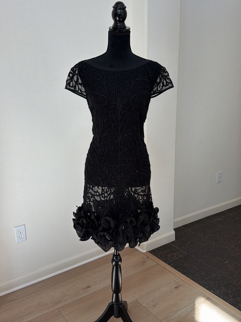 Vintage Black Embroidered Mesh Ruffle Hem Midi Dress L